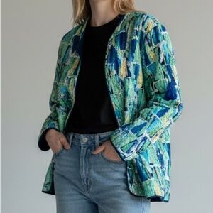 Alfred Dunner Reversible Quilt Grandma jacket Cardigan 
Teal Green Blue Coastal